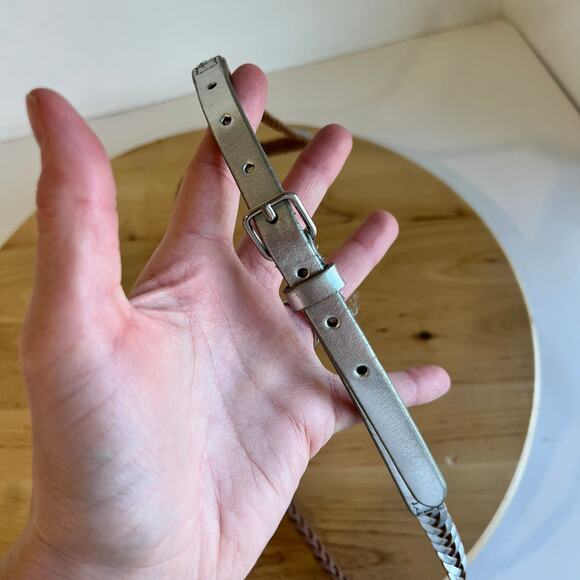 J. Crew Silver Metallic Genuine Leather Thin Skinny Woven Belt Size Large - Picture 6 of 12